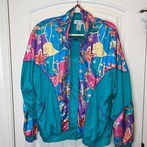 Vintage 1980s retro beach ocean sea teal Lavon windbreaker zip-up jacket L